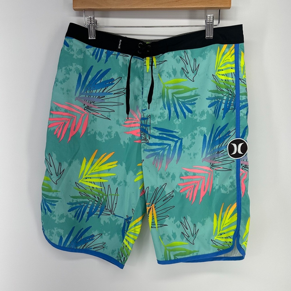 Hurley Board Shorts Mens 30 Teal Neon Tropical Palm Leaf Print Swim Trunks Surf